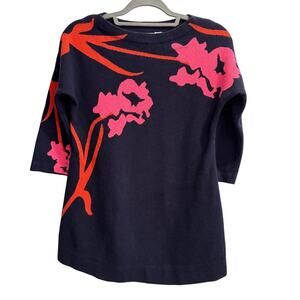 Field Flower Size Small S Navy Blue 3/4 Sleeve Sweater Red Pink Flowers